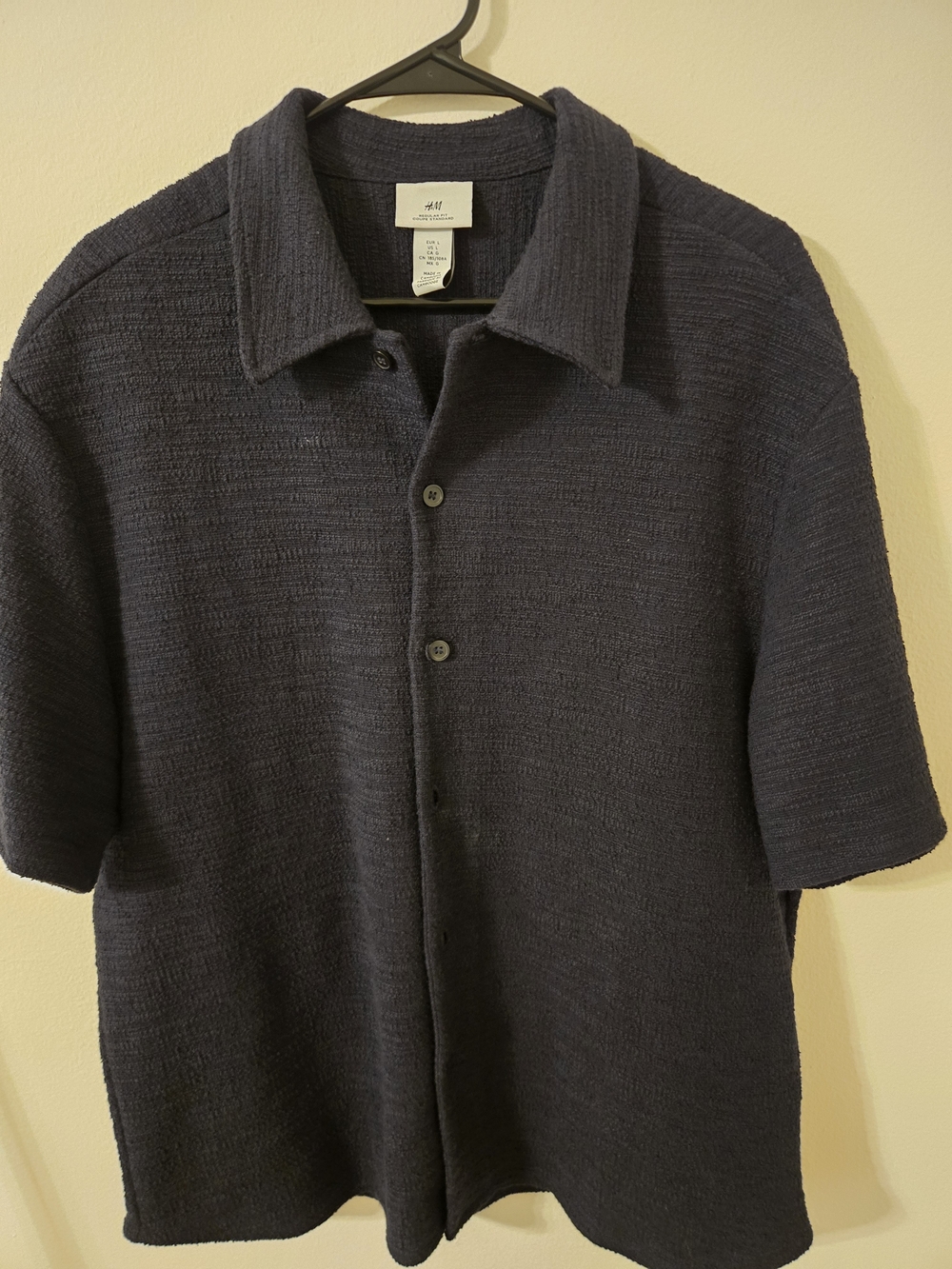 H&M Dark Navy Textured Short-Sleeve Button-Up Shirt